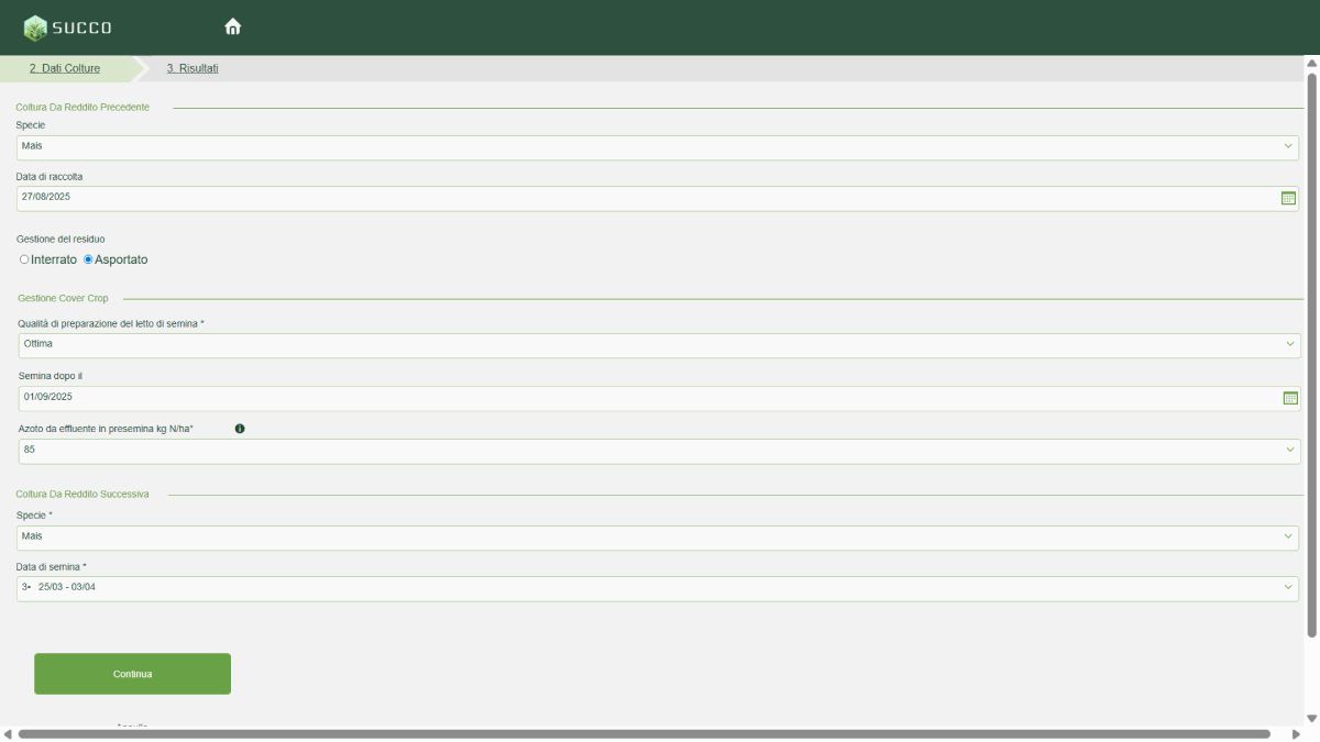 Il sistema chiede informazioni sulla coltura precedente, la gestione della cover crop e la coltura in successione